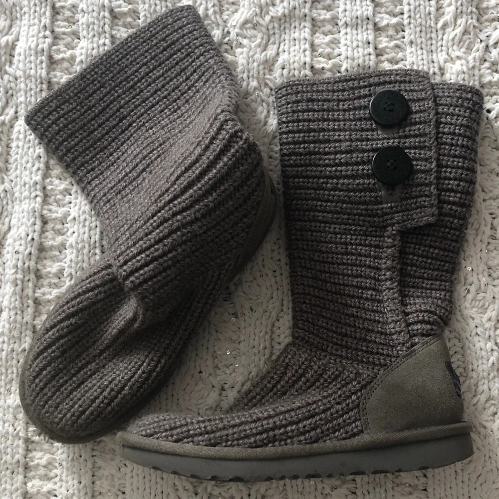 UGG Kids Knit Button Mid-Calf Boots in Gray